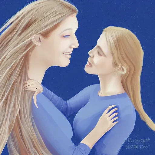 Image similar to an illustration of a young woman with long blond hair hugging her friend, a girl with angel wings, digital art