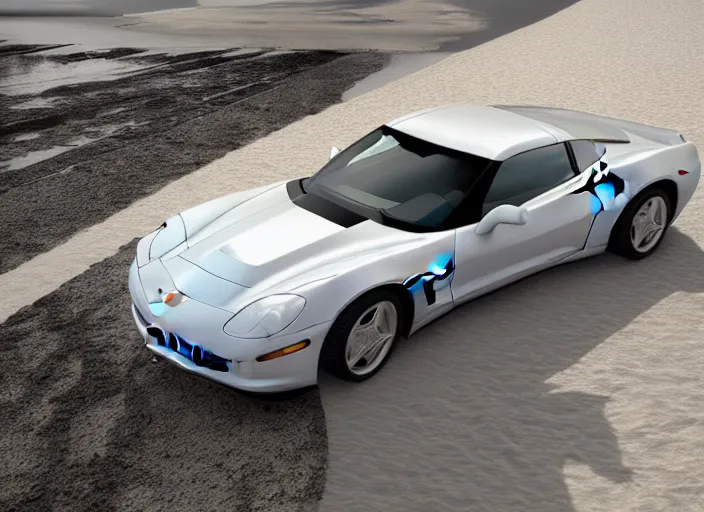 Prompt: hyperrealism, detailed textures, photorealistic 3 d render, a dreamy beach in cuba, a photo realistic 1 9 9 9 corvette stingray with a blazing pearl white colour scheme, mickey thompson tires, centrerline rims, sharp focus, ultra realistic, ultra high pixel detail, cinematic, intricate, cinematic light, concept art, illustration, art station, unreal engine 8 k