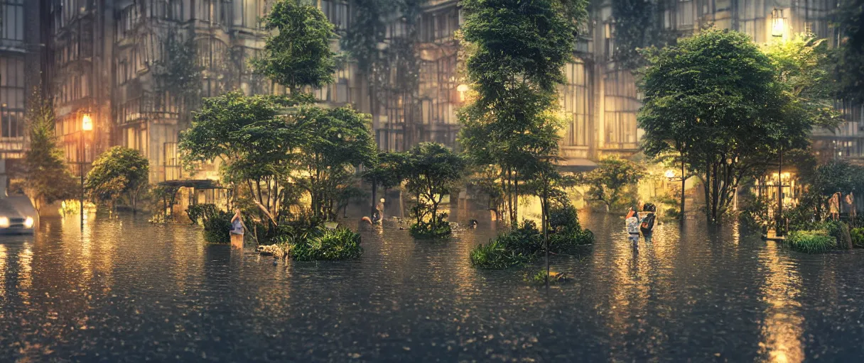 Prompt: raining at night at flooded miniature city, emotion is on the rise on the town, cute style garden, octane render, trees, evergreen, patio, garden, wet atmosphere, tender, soft light misty yoshitaka amano, and artgerm