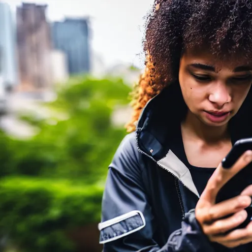 Image similar to candid photographic portrait of a poor techwear mixed young woman using a phone inside a dystopian city, closeup, beautiful garden terraces in the background, sigma 85mm f/1.4, 4k, depth of field, high resolution, 4k, 8k, hd, full color