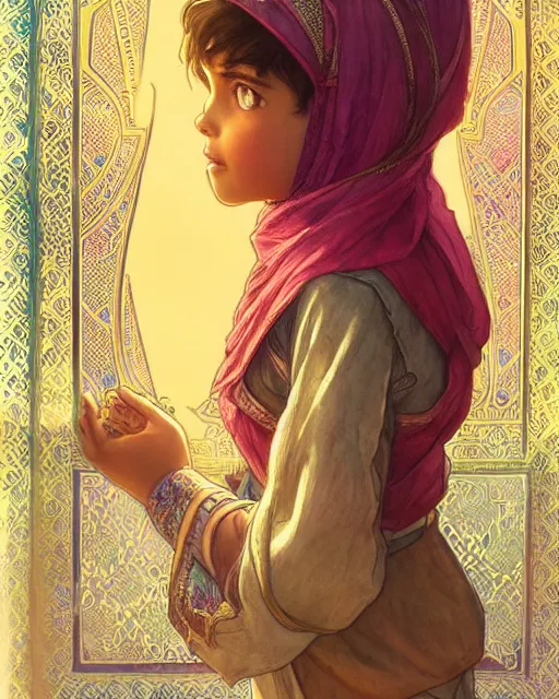 Image similar to a bedouin child infront of an big open quran highly detailed, gold filigree, romantic storybook fantasy, soft cinematic lighting, award, disney concept art watercolor illustration by mandy jurgens and alphonse mucha and alena aenami, pastel color palette, featured on artstation