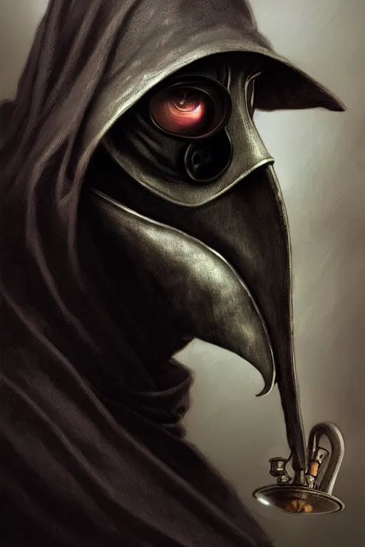 Prompt: Close-up of Plague Doctor, dark fantasy, portrait, highly detailed, digital painting, artstation, concept art, sharp focus, illustration, art by artgerm and greg rutkowski and alphonse mucha