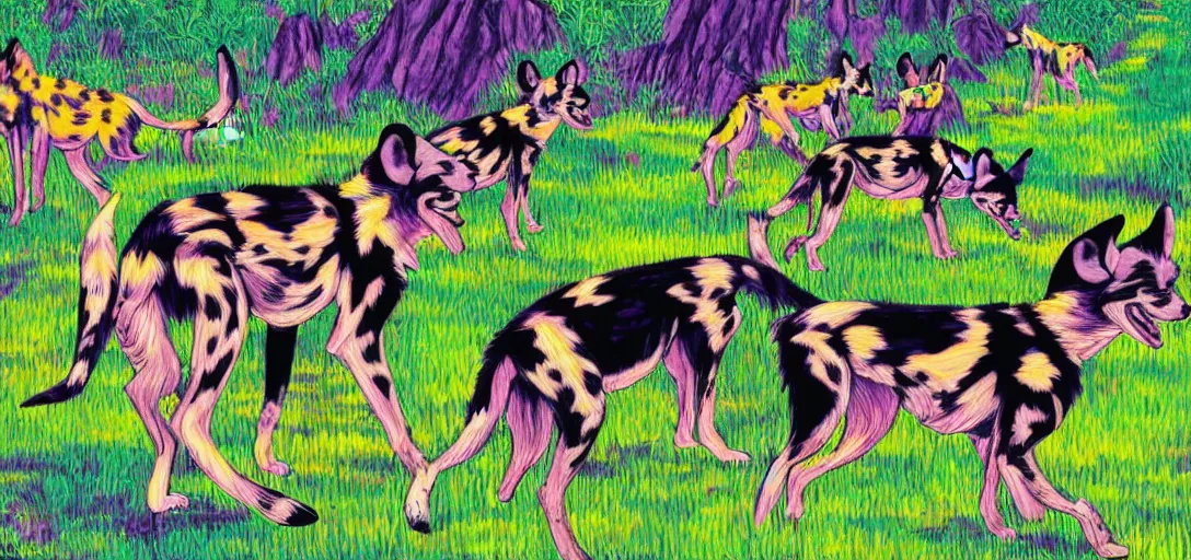 Prompt: pack of african wild dogs near a watering hole, painted by studio ghibli studio matako Lisa Frank with psychedelic colors