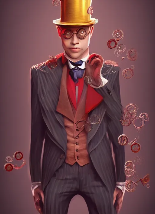 Image similar to a highly detailed illustration of stylish top hat wearing red haired attractive man, wearing suit vest, flashy card trick pose, intricate, elegant, highly detailed, centered, digital painting, artstation, concept art, smooth, sharp focus, league of legends concept art, WLOP