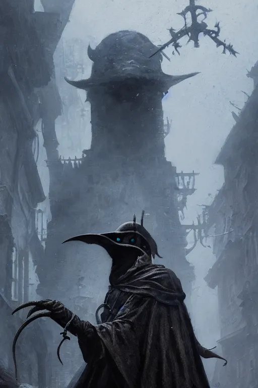 Image similar to A closeup of a Plague Doctor by Greg Rutkowski, Bloodborne, 4k photorealistic, volumetric lighting, HD, high details, dramatic, dark atmosphere, trending on artstation