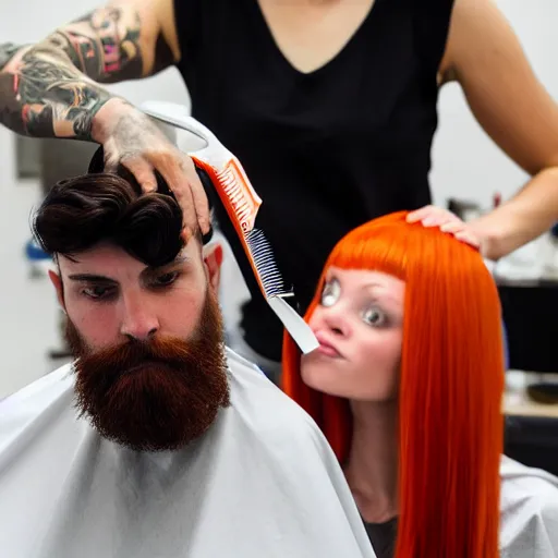 Image similar to photo of a barber man with a dark well groomed beard giving a haircut to a slender attractive woman has long straight red orange hair. The woman is feeding a baby