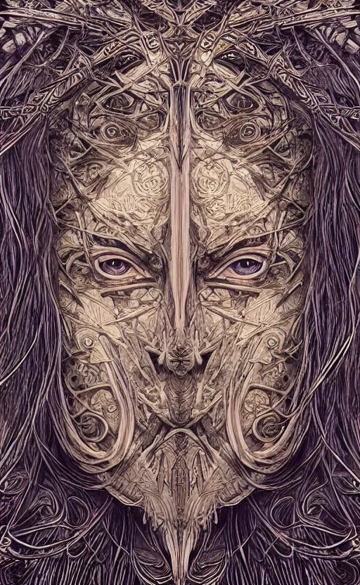 Prompt: ancient hybrid majestic praying shaman fantasy cyber human beautiful symmetrical face mask closeup face mask tattoo pattern golden ratio concept, deep forest psytrance Neo-Gothic concept, infinity glyph waves, intricate artwork masterpiece, very coherent artwork, cinematic, full frontal facial features by Artgerm, Takato Yamamoto, Zdizslaw Beksinski, Johnatan Wayshak, Moebius, H.R. Giger, Ayami Kojima, very coherent artwork, trending on cgsociety, ultra high quality model, production quality cinema model, high detail chromatic ink outline, octane render, unreal engine, 8k mandelbulber fractal, hyper realism, high detail, octane render, unreal engine, 8k, High contrast, highly detailed black ink outline