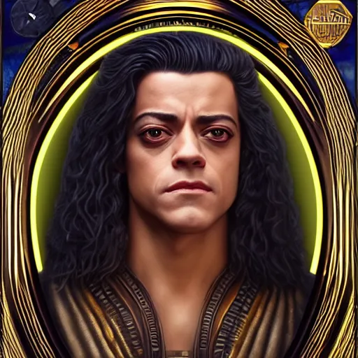 Image similar to a detailed fantasy character portrait of Rami Malek as egyptian king of arts by lauri blank, artgerm, evelyn de morgan, 8K, 50mm lens