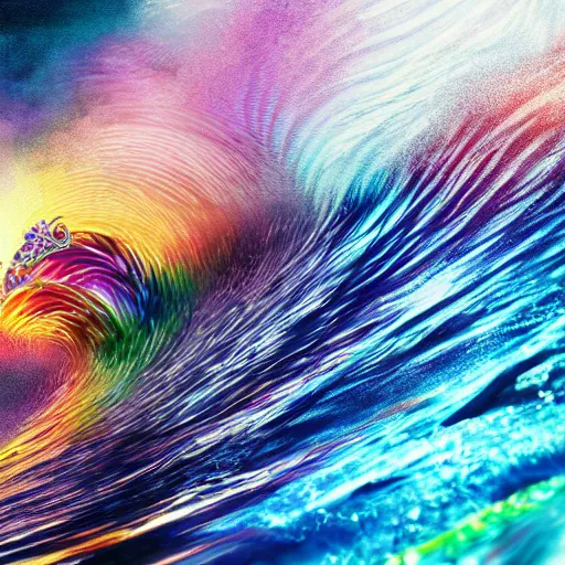 Image similar to surfing on multicolor waves, digital art, cosmic, 3 d high definition, trending on art station, photorealistic, high resolution, v 8 k, octane, hyper detailed, insane details, intricate, elite, ornate, elegant trend, highly detailed and intricate, sharp focus, photography, unreal engine