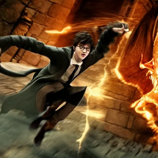 Image similar to Harry Potter riding a broom in Moria fighting Balrog