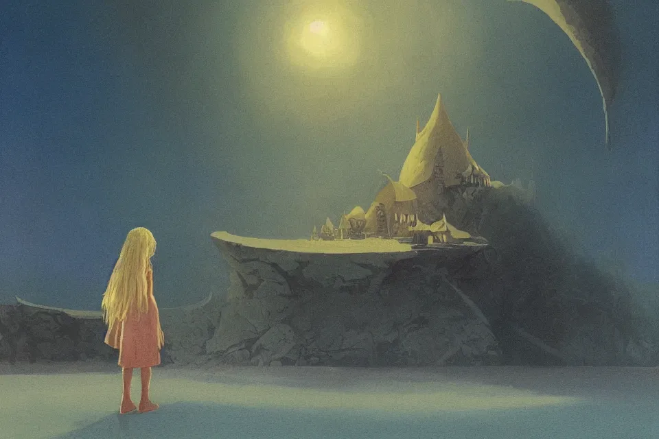 Image similar to atmospheric dreamscape painting of a giant seashell castle, a young girl stands outside, by moebius and john harris, atmospheric blues, concept art, saturation 40