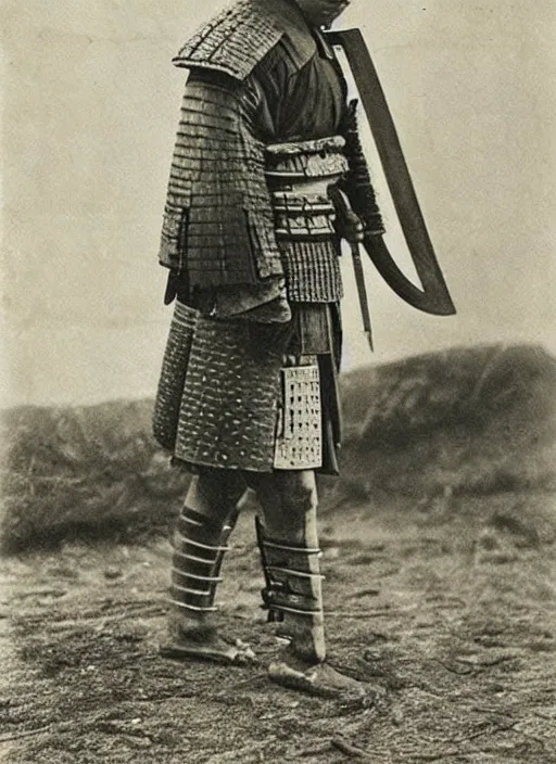 Prompt: old photo of a samurai inspecting his sword
