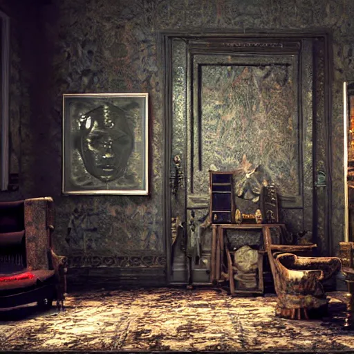 Image similar to room of a dark mansion, objects from ritual in the ground, realistic, highly detailed, unreal engine, octane render, guillermo del toro