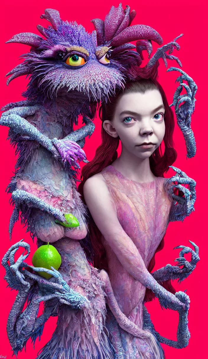 Image similar to hyper detailed 3d render like a Oil painting - kawaii portrait of two Aurora (a beautiful skeksis muppet fae queen from dark crystal that looks like Anya Taylor-Joy) seen red carpet photoshoot in UVIVF posing in scaly dress to Eat of the Strangling network of yellowcake aerochrome and milky Fruit and His delicate Hands hold of gossamer polyp blossoms bring iridescent fungal flowers whose spores black the foolish stars by Jacek Yerka, Ilya Kuvshinov, Mariusz Lewandowski, Houdini algorithmic generative render, Abstract brush strokes, Masterpiece, Edward Hopper and James Gilleard, Zdzislaw Beksinski, Mark Ryden, Wolfgang Lettl, hints of Yayoi Kasuma and Dr. Seuss, octane render, 8k