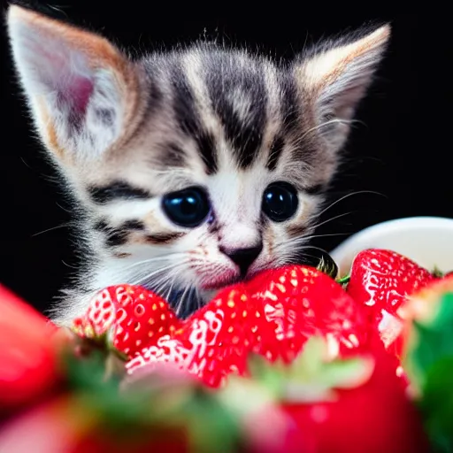 Image similar to macro shot photograph of an extremely tiny baby kitten lying on top of a gigantic strawberry