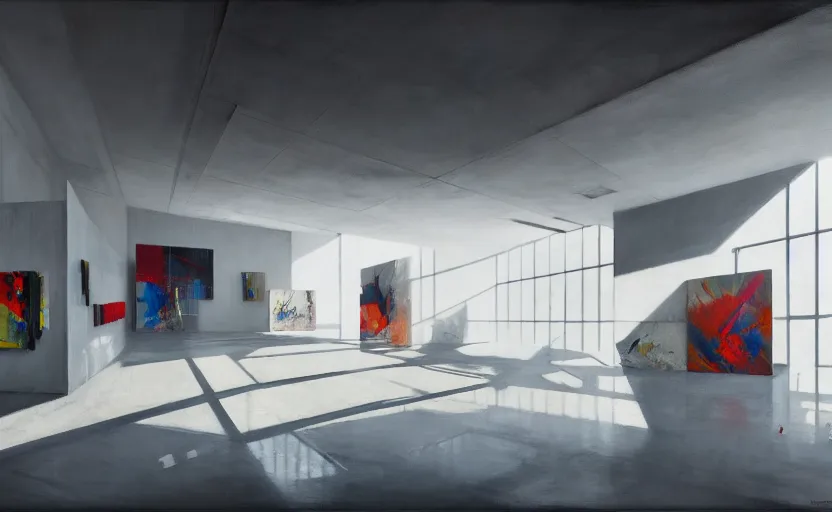 Image similar to painting of interior shot of a white concerete brutalist contemporary art museum with abstract colourful paintings hanging on the wall by darek zabrocki and greg ruthkowski, cinematic and cold atmospheric, archillect concept art, artstation, trending on artstation