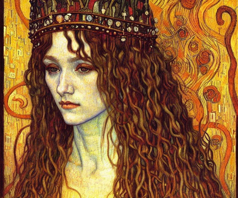 Image similar to detailed realistic beautiful young medieval queen face portrait by jean delville, gustav klimt and vincent van gogh, art nouveau, symbolist, visionary, gothic, pre - raphaelite, muted earthy colors, desaturated