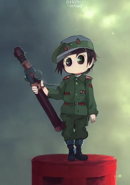 Image similar to beautiful little boy in nazi uniform posing while hold an canon. red, green, blue and gray pallet color. made in abyss art style, inspired by kris from deltarrune, cute detailed artwork, anatomically correct, soft details, ilya kuvshinov, reflection, perfect composition, mobile wallpaper, illumination, digital art, detailed anime soft face