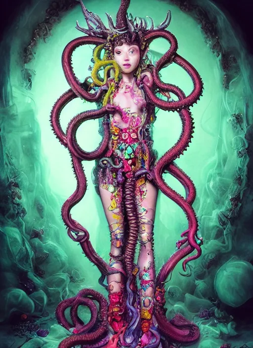 Image similar to A full body shot of a cute and mischievous monster princess made of tentacles wearing an ornate ball gown covered in jewels. Fancy Dress. Subsurface Scattering. Translucent Skin. Rainbow palette. rainbowcore. Eldritch Beauty. defined facial features, symmetrical facial features. Opalescent surface. beautiful lighting. By Giger and Ruan Jia and Artgerm and WLOP and William-Adolphe Bouguereau. Photo real. Hyper-real. Photorealism. Fantasy Illustration. Sailor Moon hair. Masterpiece. trending on artstation, featured on pixiv, award winning, cinematic composition, dramatic pose, sharp, details, Hyper-detailed, HD, HDR, 4K, 8K.