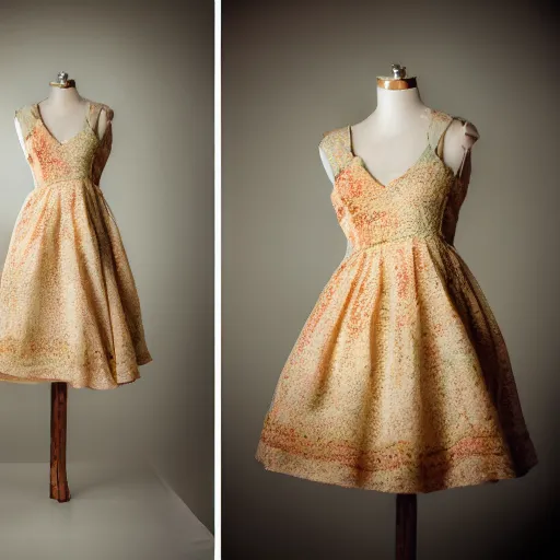 Prompt: a beautiful dress made out of apple pie, on a mannequin. high quality, high resolution, studio lighting