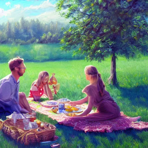 Image similar to a picnic, oil painting, high detail, 8 k, wide angle, trending on artstation,