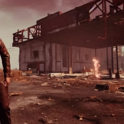 Prompt: ryan gosling in fallout 4 kneels near a nuclear bomb