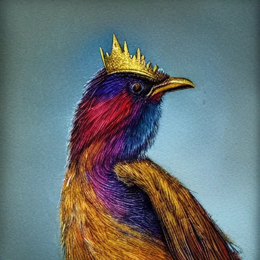 Prompt: camera photo of a colorful small bird, golden crown, from overlord, close up, fantasy, intricate, elegant, highly detailed, digital painting, artstation, concept art, sharp focus, illustration, art by luis royo, wayne barlowe, kirsi salonen, asya yoranova and alan lee