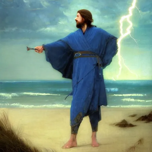 Prompt: painting of a distant wizard in a blue robe standing on a dune in front of a lightning strike artwork by wlop and john william waterhouse and Edwin Longsden Long and Nasreddine Dinet and Theodore Ralli trending on artstation, very coherent symmetrical artwork high detail 8k