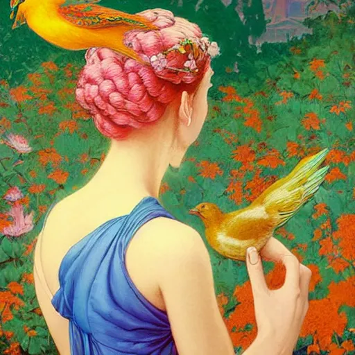 Image similar to A beautiful painting of a woman is shown from behind, her body slightly blurred as if in motion. Her long hair cascades down her back, and she is holding a small bird in her hand. full of color by Hikari Shimoda, by Maxfield Parrish, by Siya Oum rendered in octane