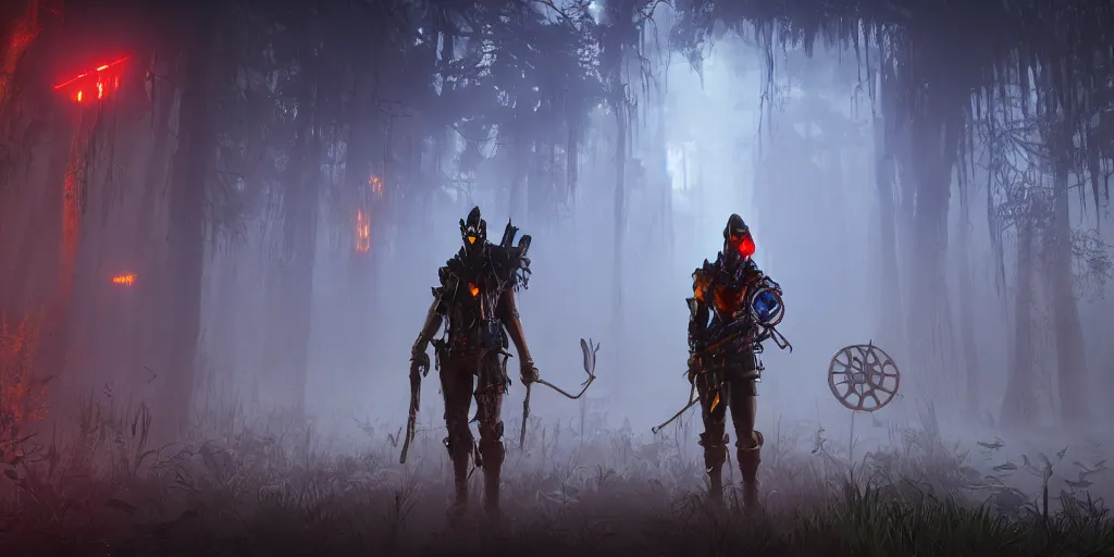 Image similar to inside of strange misty swamp landscape a gamekeeper wearing a steampunk and cyberpunk mechanical fluorescent mystical animal mask and red hood. in style of fornite game. night fog,, beautiful render, octane render