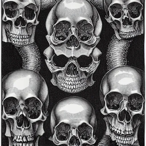 Image similar to skulls, hyperbolic tesselation by mc escher and jamnitzer and gustave dore