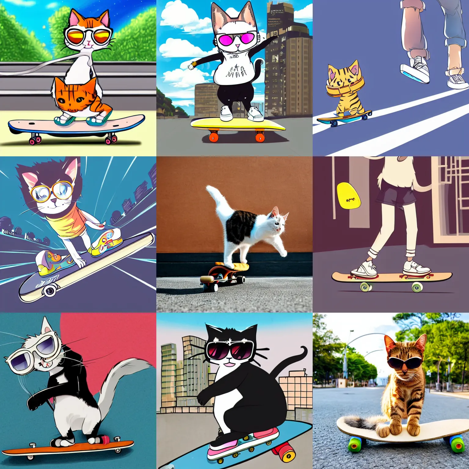 Prompt: a cat standing on its back legs, wearing high top sneakers and sunglasses, riding a skateboard, anime style