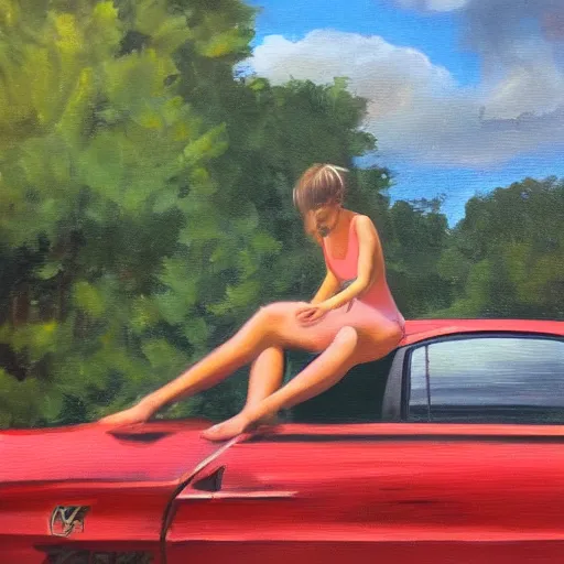 Image similar to girl sitting on car, oil painting by ian francis