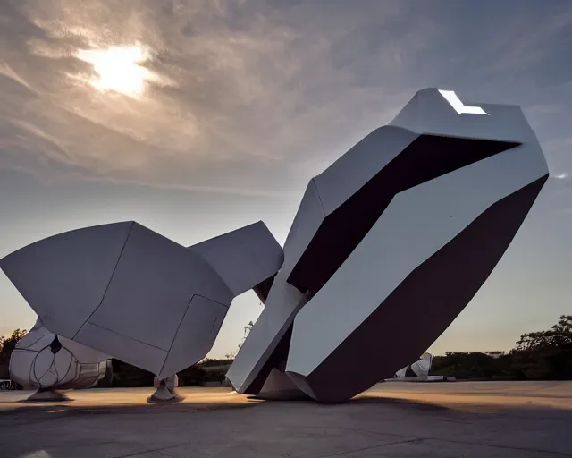 Prompt: photo of minimalist abstract cubist sculpture of curvy spaceship with random small mecha mayan decorations, covered with few large white airplane parts with windows and doors, gigantic size with fancy people visiting, sunset lighting