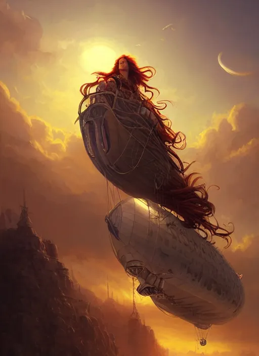 Prompt: portrait painting of a handsome rugged long hair crimson hair male pirate, soft hair steampunk ornate zeppelin blimp airship in the background sky sunset golden hour art by raphael lacoste and stephan martiniere greg rutkowski gaston bussiere fantasy soft hair trending on artstation deviantart book cover art concept art key art dramatic volumetric lighting, 4 k, award winning