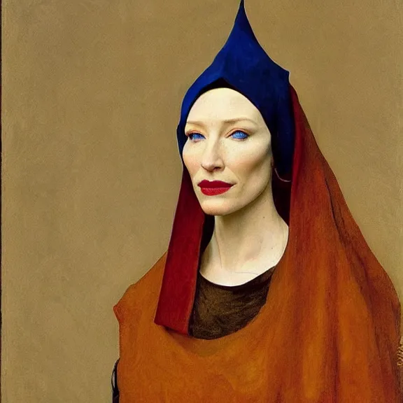 Image similar to cate blanchett by Annie Swynnerton and Nicholas Roerich and Vermeer, strong dramatic cinematic lighting, ornate headdress, lost civilizations, smooth, sharp focus, extremely detailed