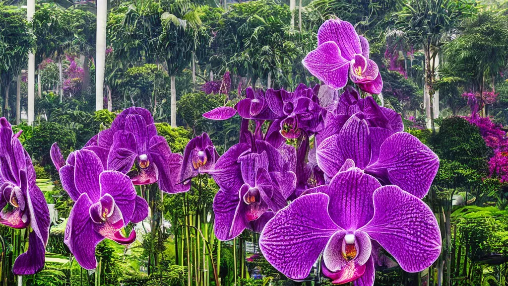 Prompt: giant purple orchid growing of out gardens by the bay in singapore. andreas achenbach, artgerm, mikko lagerstedt, zack snyder, tokujin yoshioka