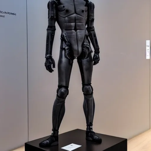 Prompt: a realistic detailed photo of a guy who is an attractive humanoid who is half robot and half humanoid, who is a male android, twitch streamer ninja tyler blevin, shiny skin, posing like a statue, blank stare, at the museum, on display