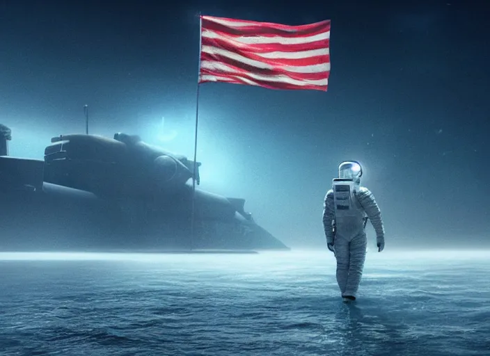 Image similar to astronaut holding a flag in an underwater desert. a submarine is visible in the distance. dark, concept art, cinematic, dramatic, atmospheric, 8 k, trending on artstation, blue, fish, low visibility, fog, ocean floor, christopher nolan, interstellar