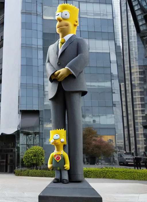 Image similar to bart simpson in business suit, statue standing on street