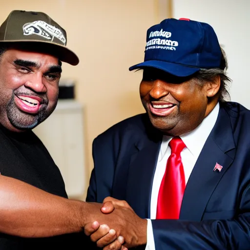 Prompt: patrice o'neal and donald trump shaking hands while smiling and laughing, ultra realistic, 8 k, photorealistic