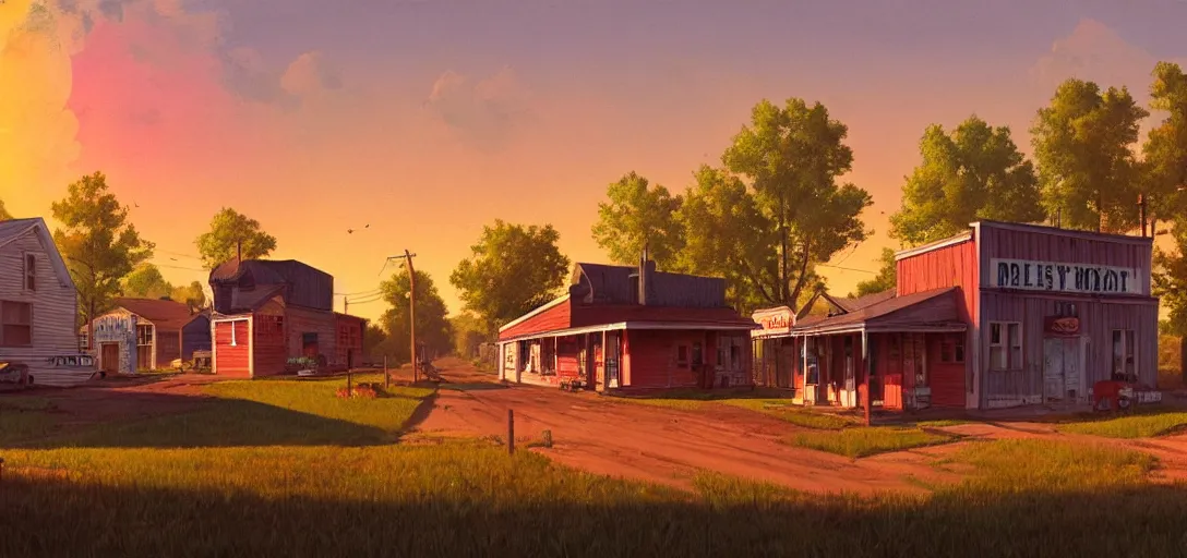 Image similar to concept art a small rural town in middle America in the 1960s, detailed, Americana, golden hour