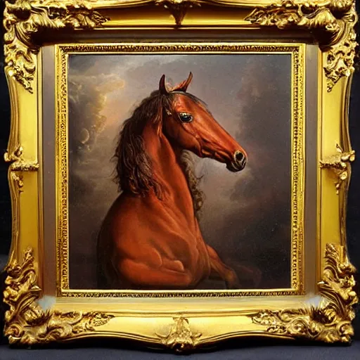 Image similar to baroque style painting, rococo of a brown horse, super detailed, super colorful