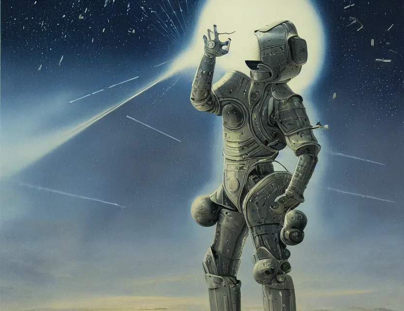 Image similar to a detailed portrait painting of futuristic bomb disposal soldier wearing armour and a reflective visor, spacecraft flies in the distance. cinematic sci-fi poster. Flight suit, cloth and metal, accurate anatomy. Samurai influence, knight influence. fencing armour. portrait symmetrical and science fiction theme with lightning, aurora lighting. clouds and stars. Futurism by moebius beksinski carl spitzweg moebius and tuomas korpi. baroque elements. baroque element. intricate artwork by caravaggio. Oil painting. Trending on artstation. 8k