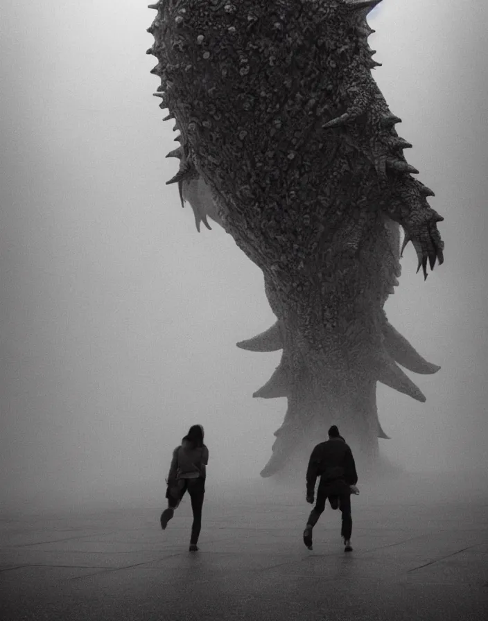 Image similar to very low - resolution found footage of a couple escaping in the city from a starfish kaiju monster, fog, foggy, korean film noir, monochrome, red hue, thriller, underdeveloped, epic, dramatic