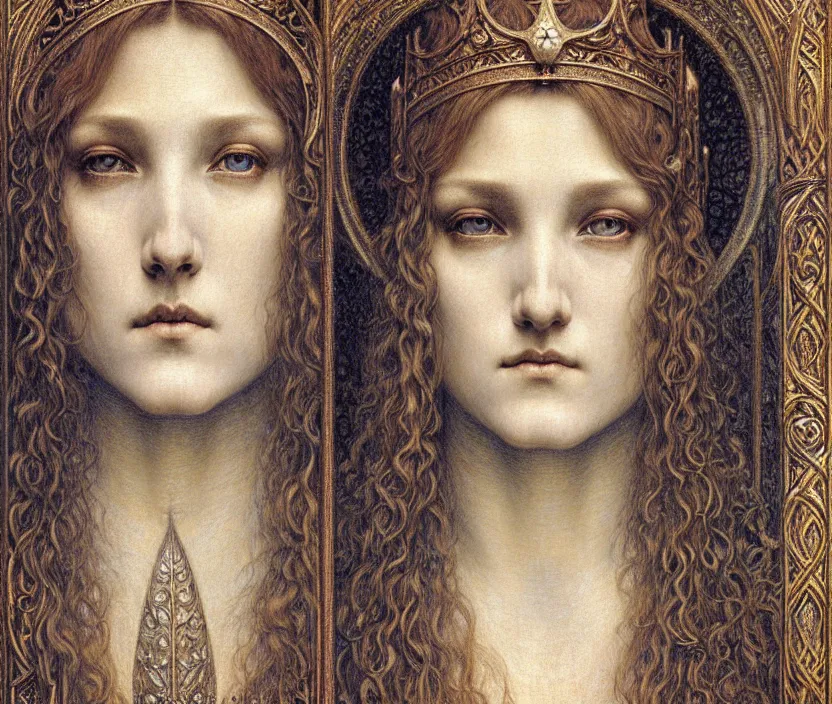 Image similar to detailed realistic beautiful young medieval queen face portrait by jean delville, gustave dore and marco mazzoni, art nouveau, symbolist, visionary, gothic, pre - raphaelite. horizontal symmetry