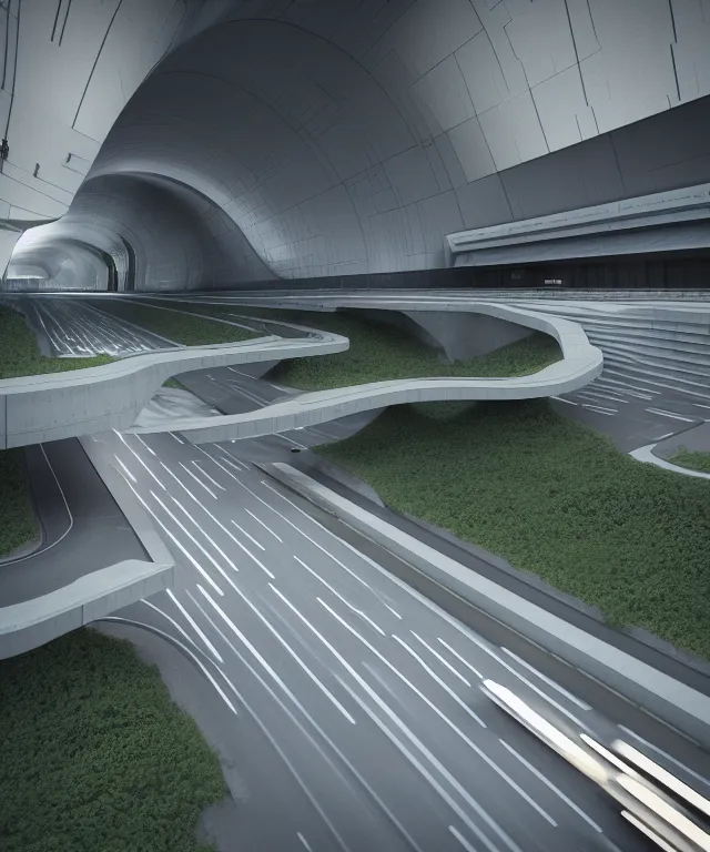 Image similar to ralph mcquarrie and denis villeneuve establishing shot of modern bjarke ingels condo building and gotthard tunnel entrance combined, roads tunnel under bjarke ingels condo building, lush scenery, scifi artstation digital concept art, unreal engine, hyper realism, realistic shading, cinematic composition, blender render, octane render, wide shot