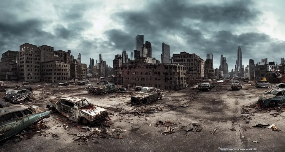 Prompt: wide angle shot of dilapidated zombie - apocalypse new york city in real life, desolate with zombies, dilapidated, zombies on the streets, nightmarish, some rusted style parked vehicles, sunny weather, few clouds, volumetric lighting, photorealistic, daytime, autumn, sharp focus, ultra detailed, cgsociety