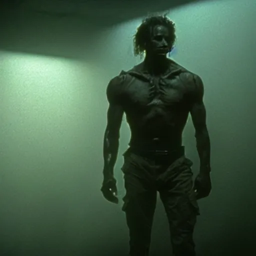 Image similar to tall muscular soldier with rock - like skin texture, still from the movie aliens, fog, dramatic lighting