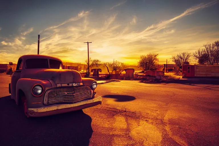 Image similar to a sunset light landscape with historical route 6 6, lots of sparkling details and sun ray ’ s, blinding backlight, smoke, volumetric lighting, colorful, octane, 3 5 mm, abandoned gas station, old rusty pickup - truck, beautiful epic colored reflections, very colorful heavenly, softlight